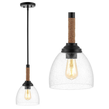 Alys 7.63" Adjustable Rope Wrap Modern Rustic Iron/Glass LED Pendant - JONATHAN Y